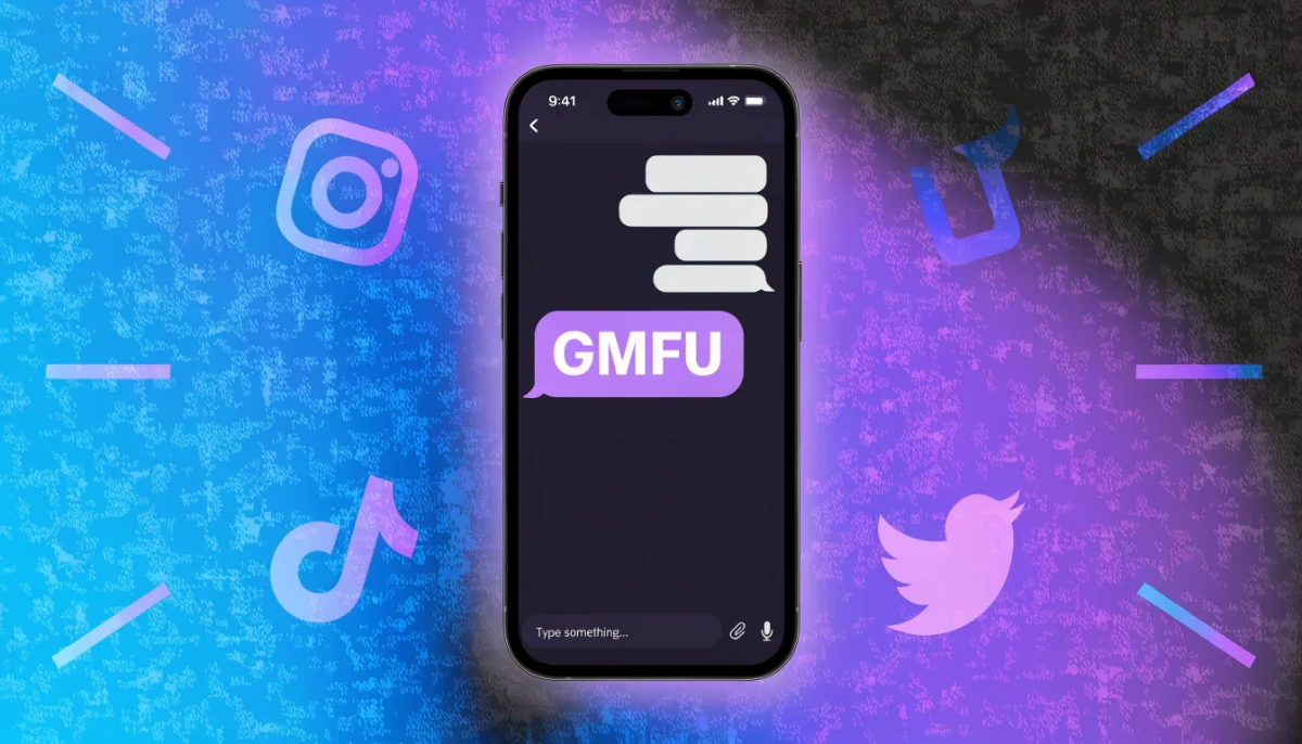 GMFU meaning text message on smartphone screen showing social media conversation