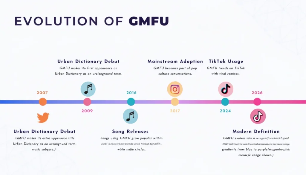 GMFU slang evolution timeline from 2000s to 2026 on social media platforms