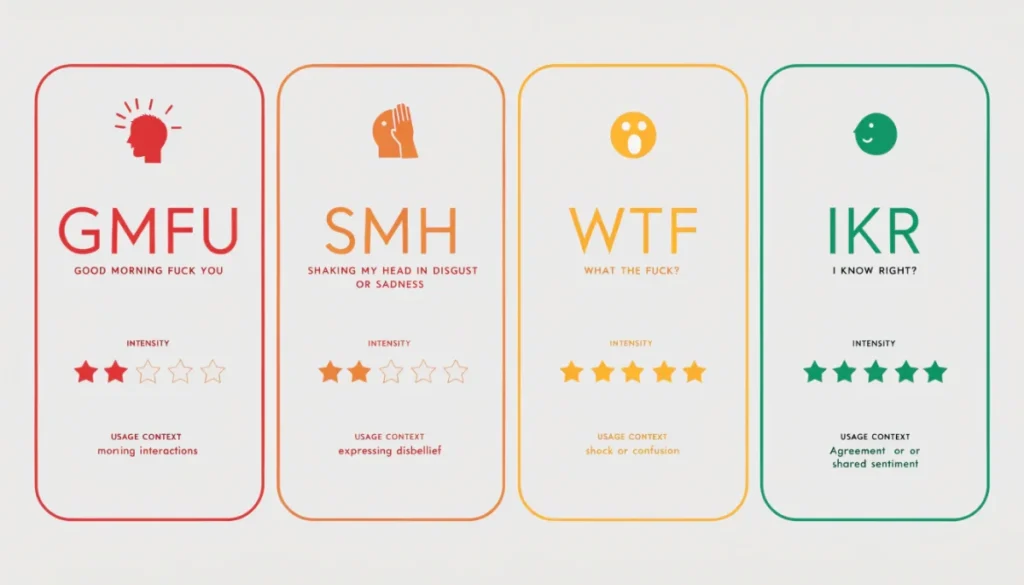 GMFU versus SMH WTF IKR comparison chart showing slang differences
