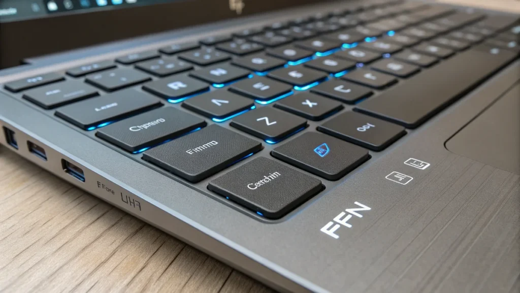 Laptop keyboard showing Fn function key location with highlighted secondary key combinations