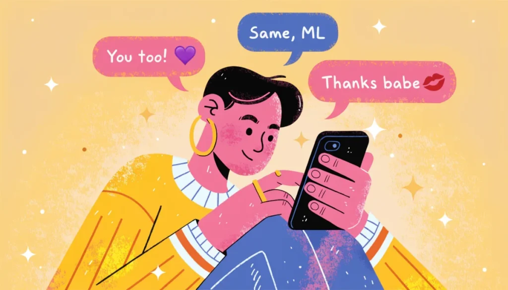 Person confidently texting ML abbreviation with response examples and emoji reactions shown