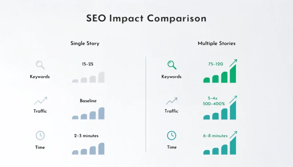 SEO performance comparison showing traffic growth from single story versus multiple stories content strategy