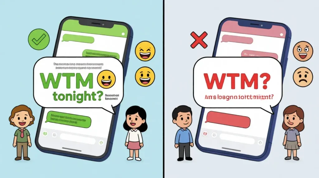 Correct and incorrect ways to use WTM in text messages with examples
