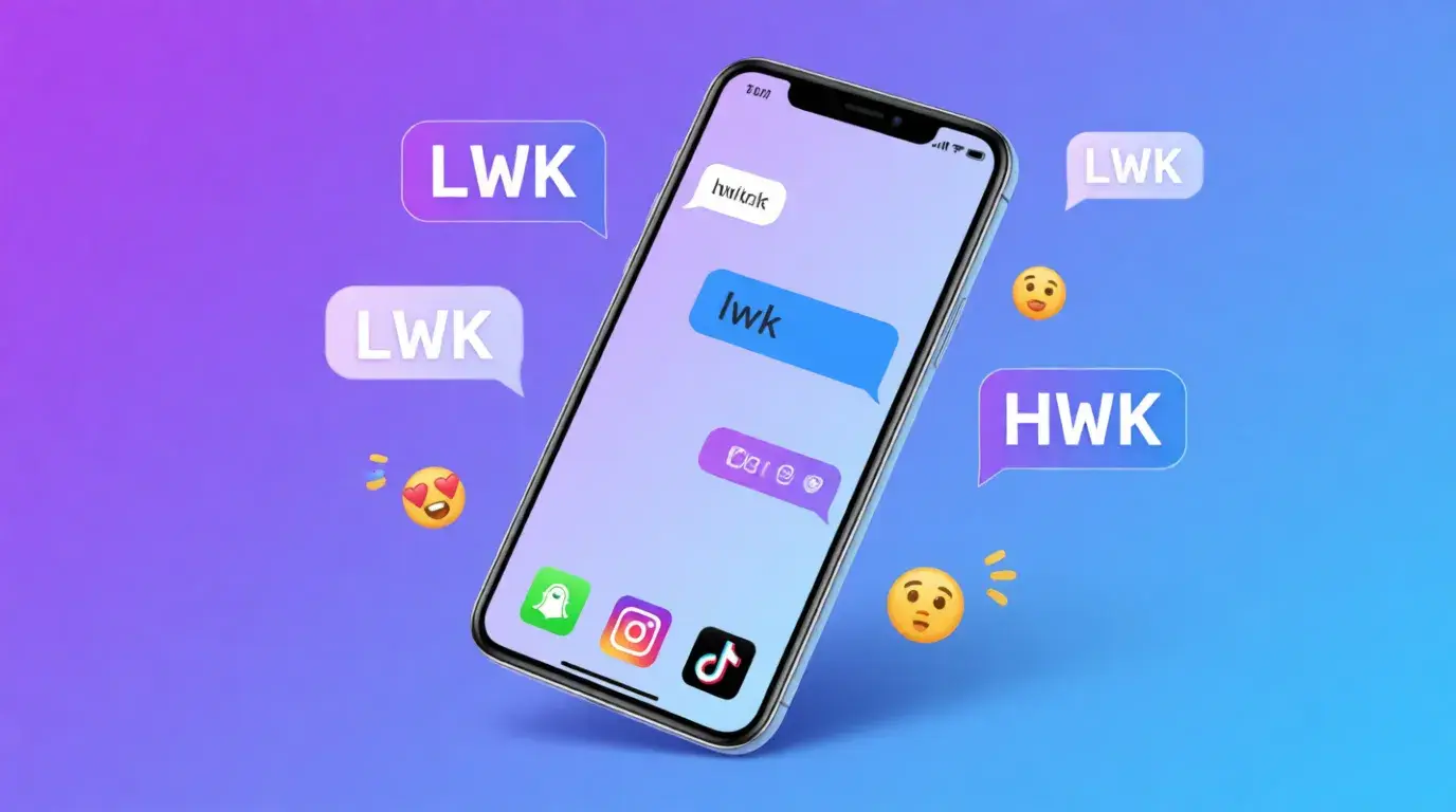 Teen texting lwk meaning on smartphone with social media apps visible
