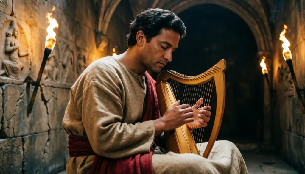Ancient Hebrew harp player in temple worship representing higgaion selah musical meditation in Psalm 9