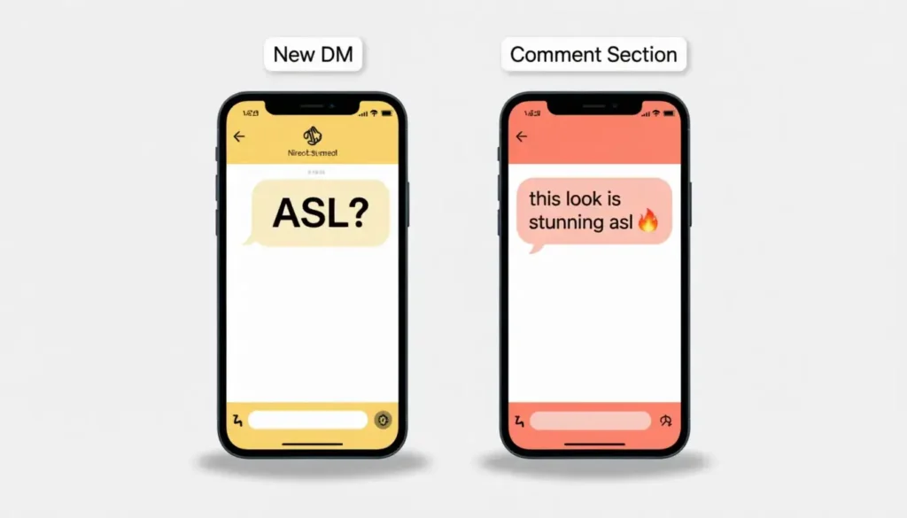 ASL meaning on Snapchat and Instagram - two phones side by side showing different slang contexts