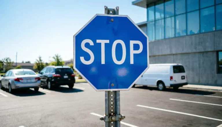 Blue stop sign on private property parking lot with clear octagon shape