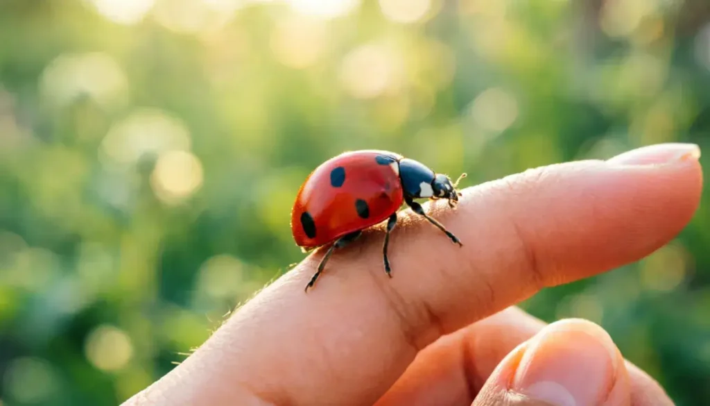 Close-up of a bright red ladybug with black spots resting on a person's open hand outdoors in sunlight