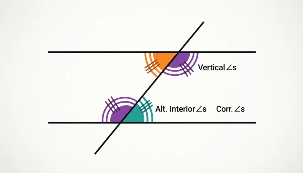 Diagram showing congruent angles including vertical angles and alternate interior angles formed by parallel lines and a transversal