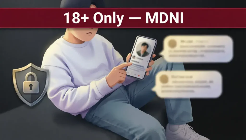 Digital illustration showing online roleplay community with MDNI age restriction warning for adult spaces