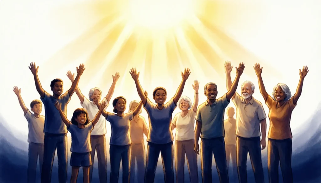 Diverse group of people raising hands together in praise representing the communal hallelujah meaning across cultures