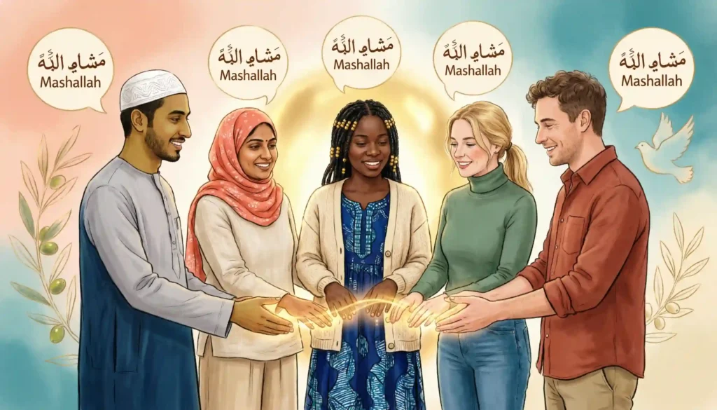 Diverse people saying mashallah representing unity and cultural understanding