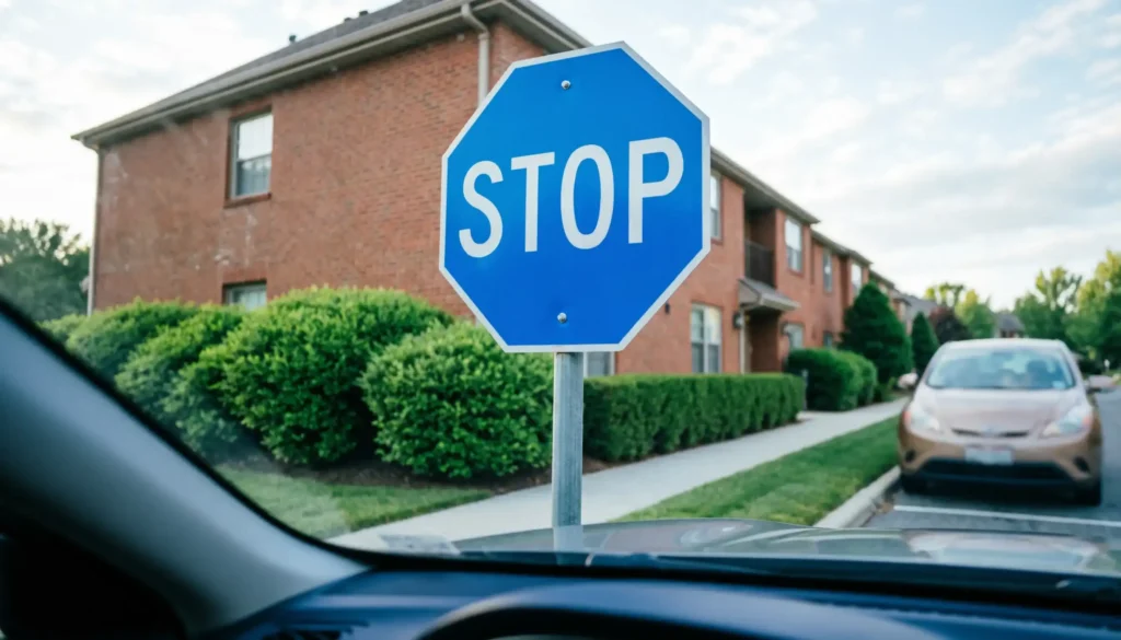 Driver stopping at blue stop sign in apartment complex showing proper traffic safety