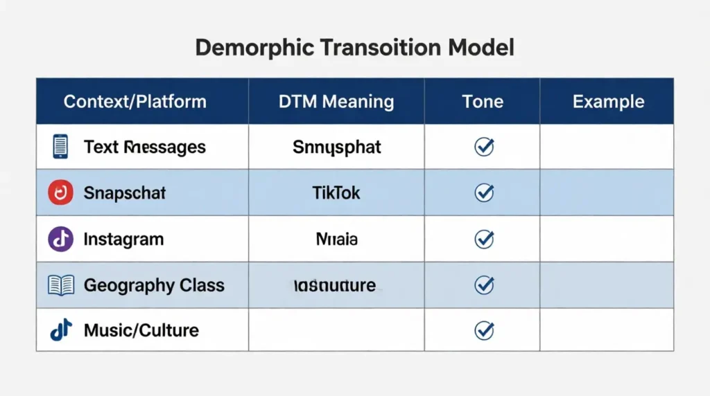 DTM usage comparison table showing different contexts and platforms