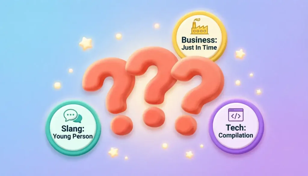 FAQ concept with question marks and JIT meaning definitions for quick reference