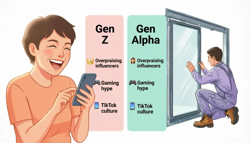 Glazing meaning Gen Z vs Gen Alpha slang comparison chart