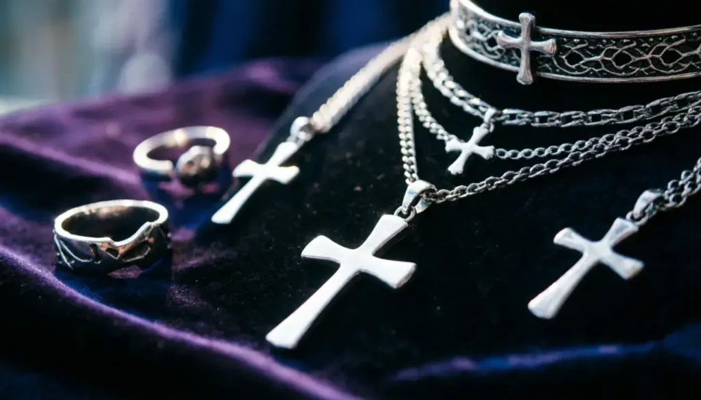 Gothic fashion style with upside down cross jewelry showing alternative culture symbolism