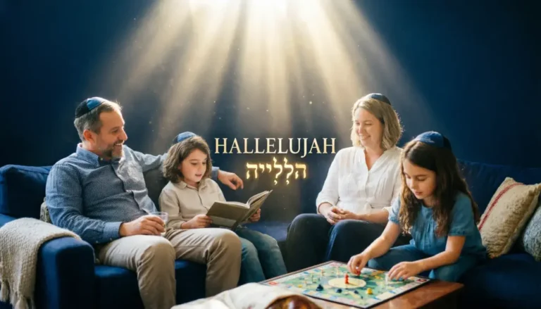 Hallelujah meaning illustrated with ancient Hebrew text glowing in golden light against a dark background