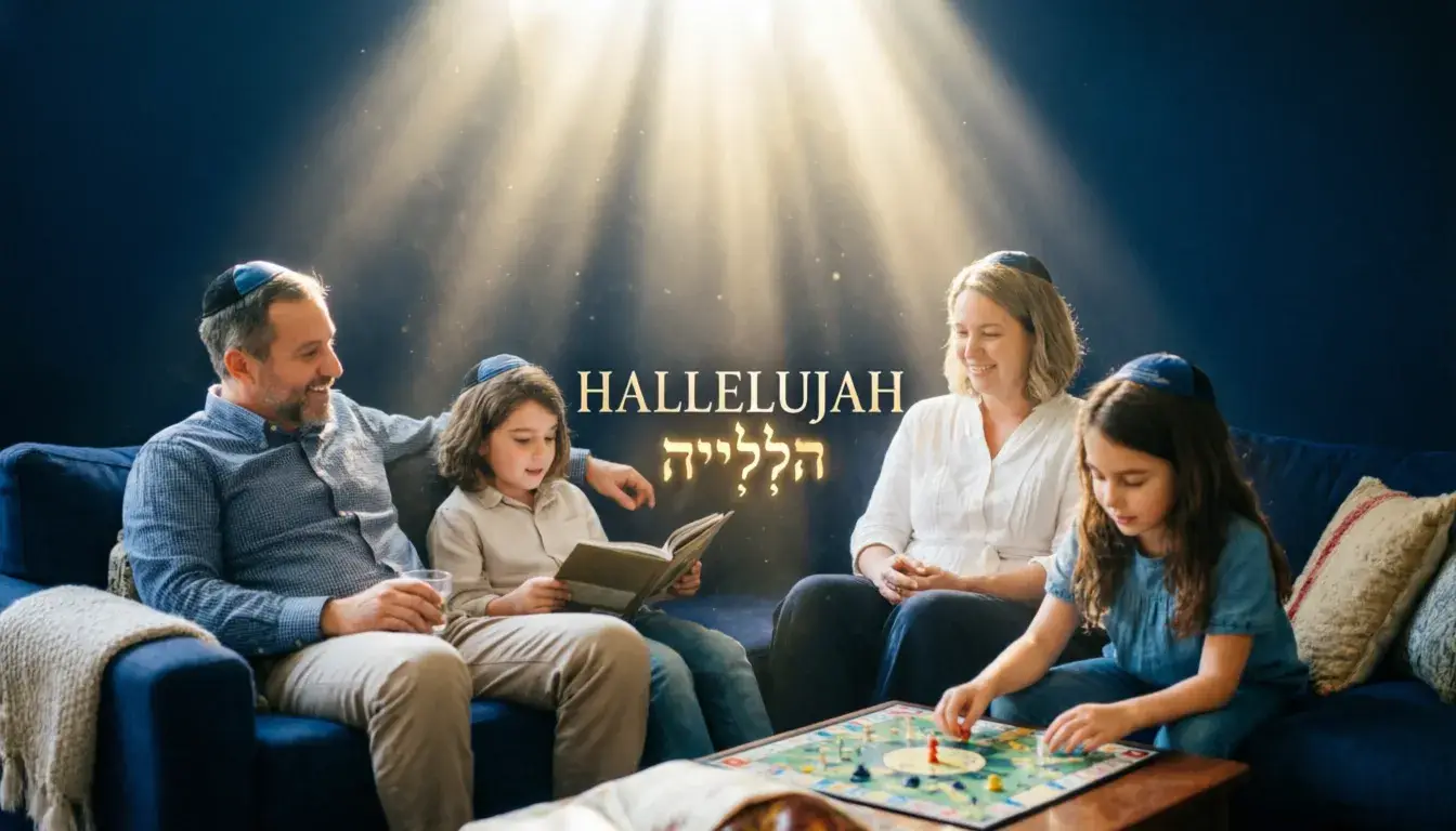 Hallelujah meaning illustrated with ancient Hebrew text glowing in golden light against a dark background