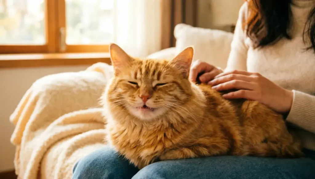 Happy cat purring and sitting contentedly on a person's lap in a warm cozy home setting