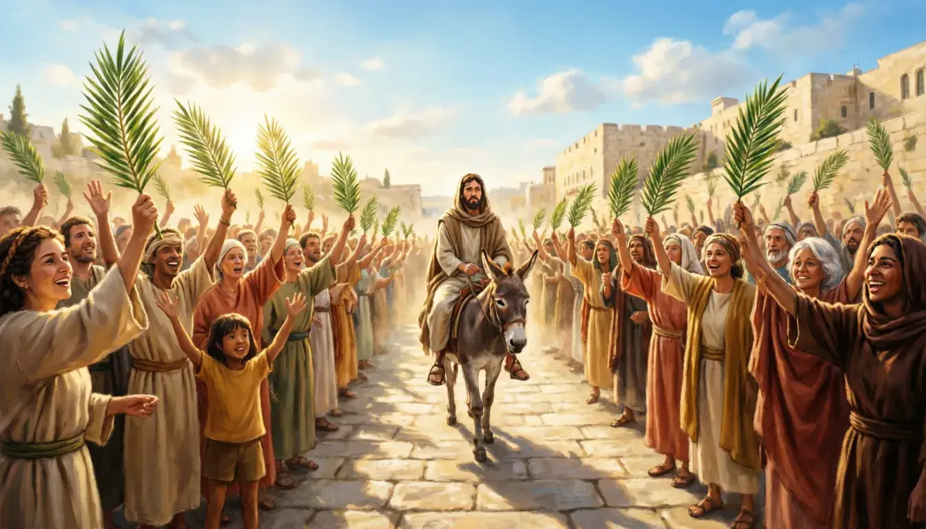 Hosanna meaning - crowd waving palm branches during Palm Sunday celebration in Jerusalem