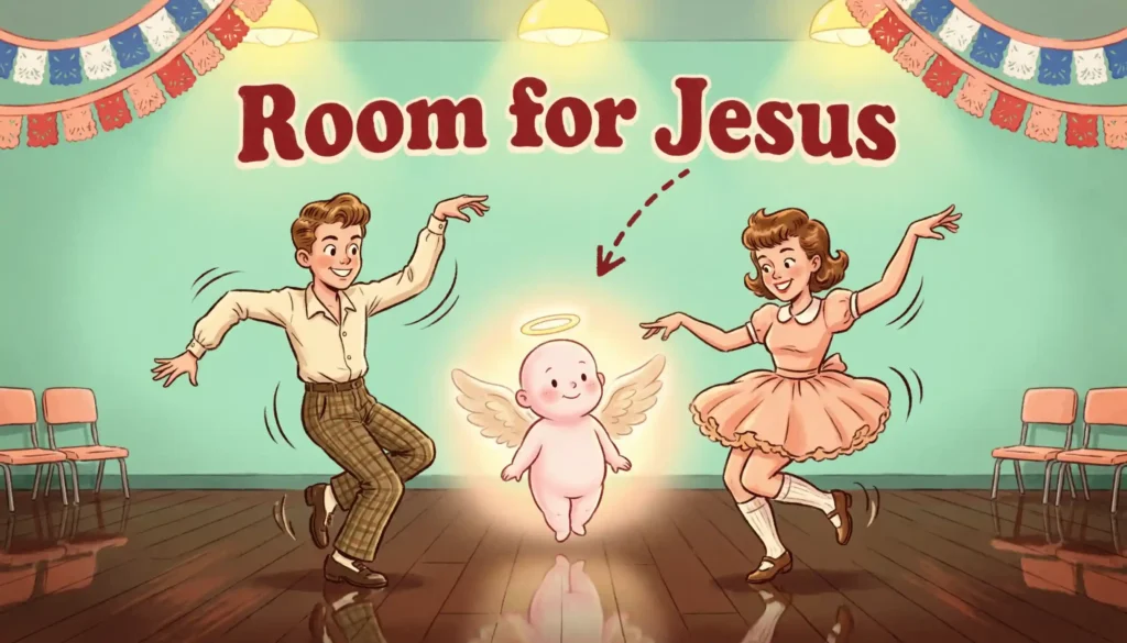 Humorous retro-style illustration of teens dancing with a gap between them labeled "room for Jesus" in a church gymnasium