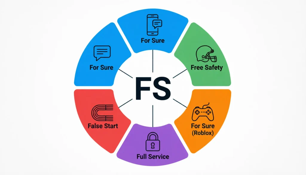 Illustration showing FS meaning across different platforms — texting, Snapchat, Instagram, football, and Roblox