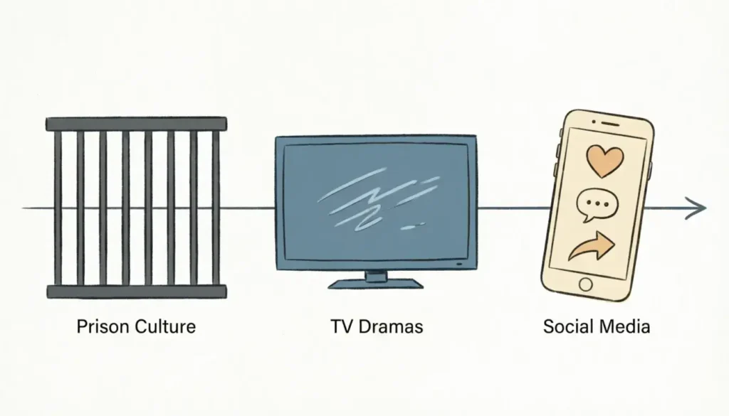 Illustration showing how British prison slang spread into everyday UK street language and social media
