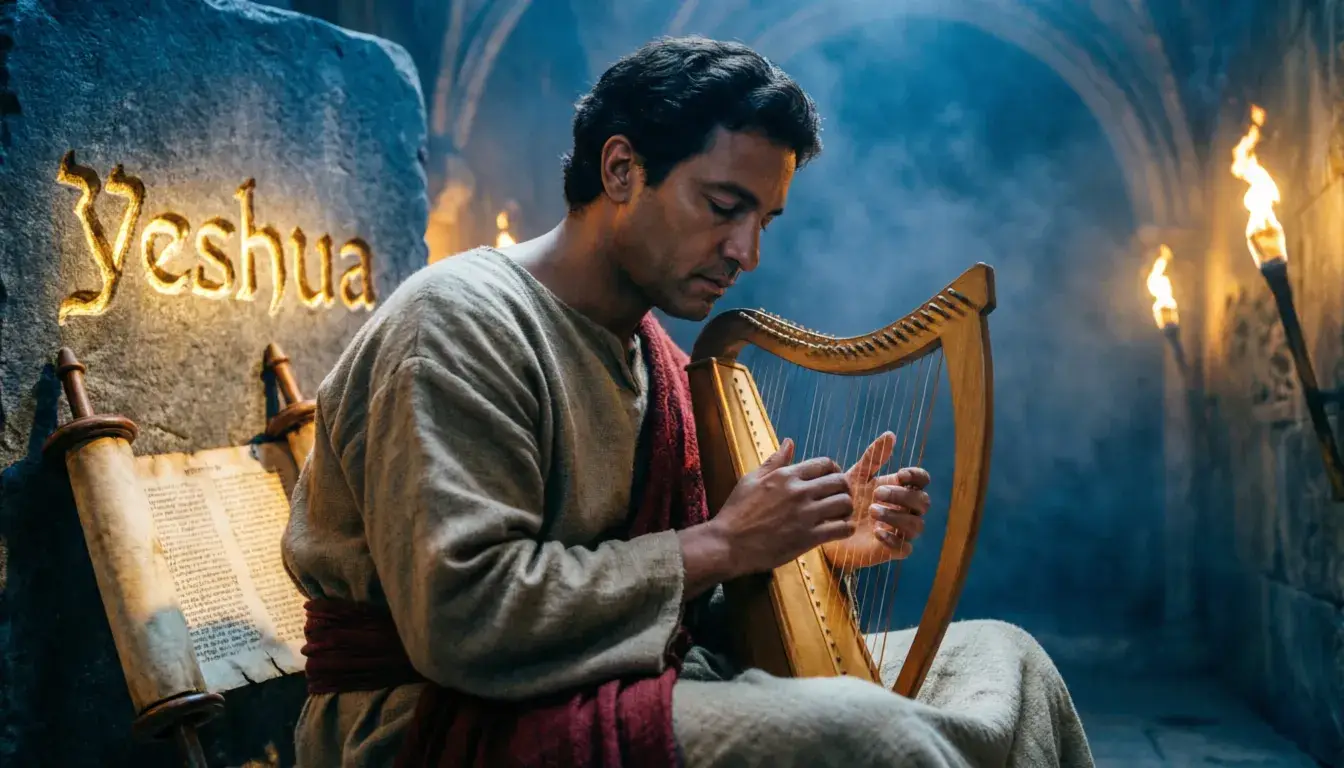 Jesus meaning — ancient Hebrew name Yeshua carved in stone with golden light and biblical scroll background