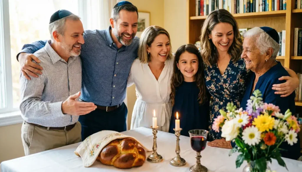 Jewish family greeting each other Shabbat Shalom at Friday evening dinner table