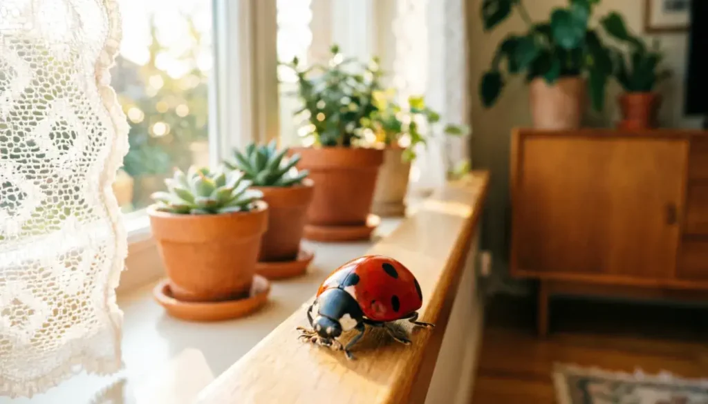 Ladybug inside home on window symbolizing domestic blessings and good fortune