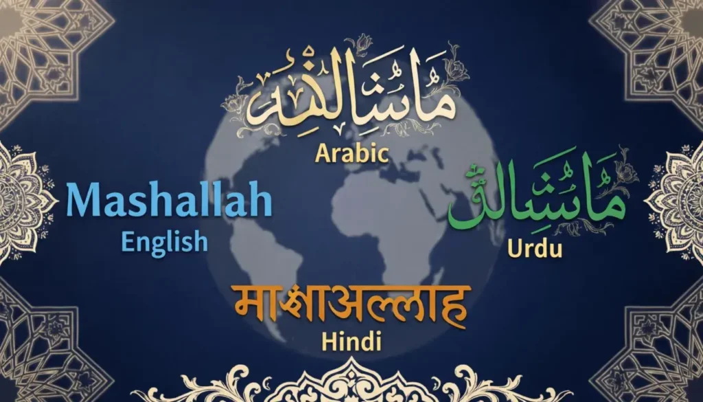 Mashallah written in Arabic Urdu Hindi and English scripts showing global usage