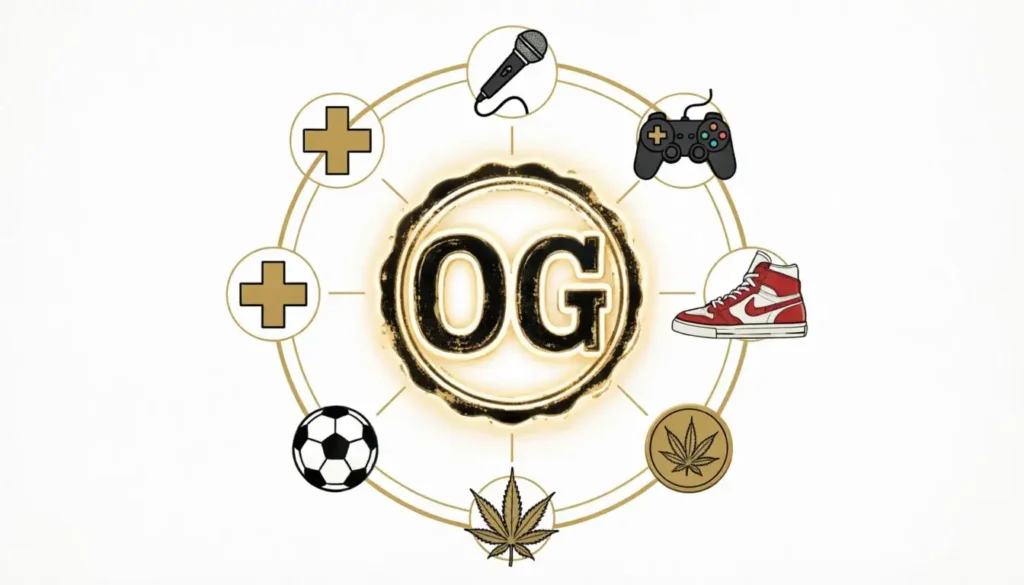 Modern slang concept illustration showing OG meaning original and authentic across different life contexts