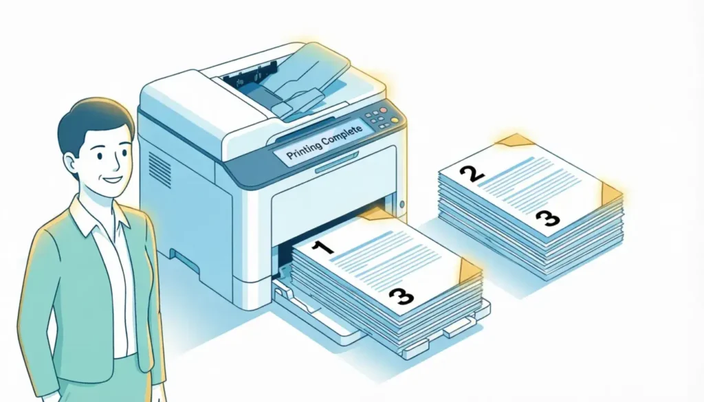 Office worker saving time using printer collate setting to automatically sort multiple copies of a report