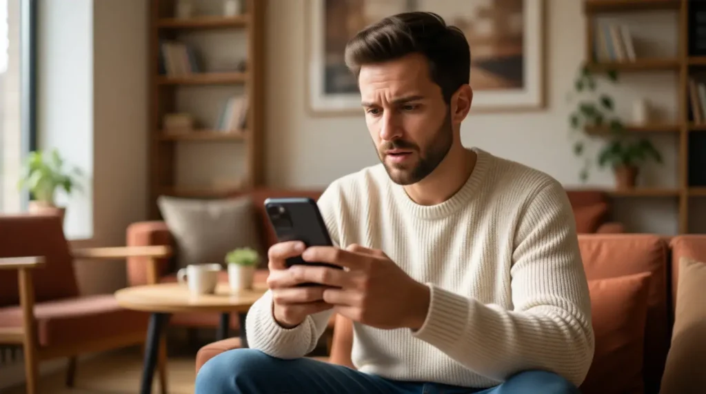 Person checking phone with confused expression wondering what JFC means in text message