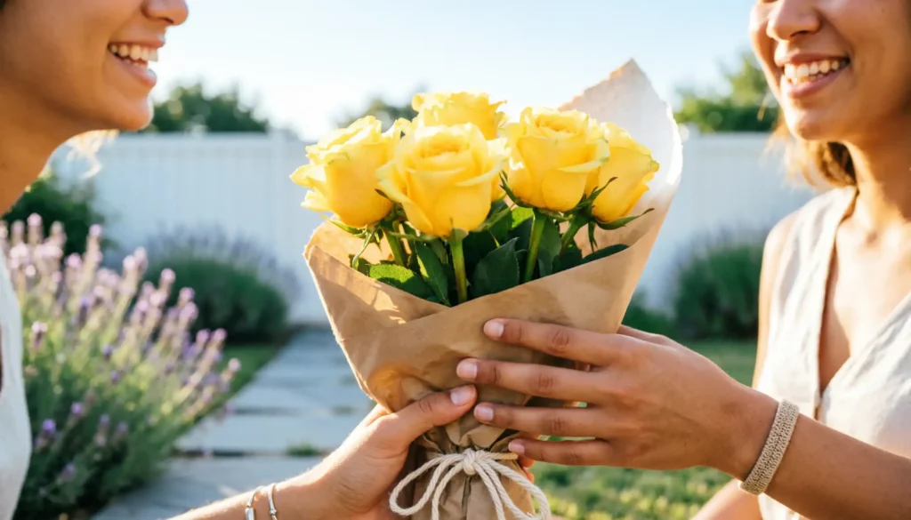 Person giving yellow roses bouquet as friendship gift showing joy and appreciation