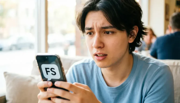 Person on phone looking confused at a text message with "FS" on the screen — what does fs mean