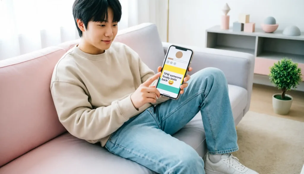 Person using Snapchat on a phone with TFW caption on a social media post showing internet slang in action