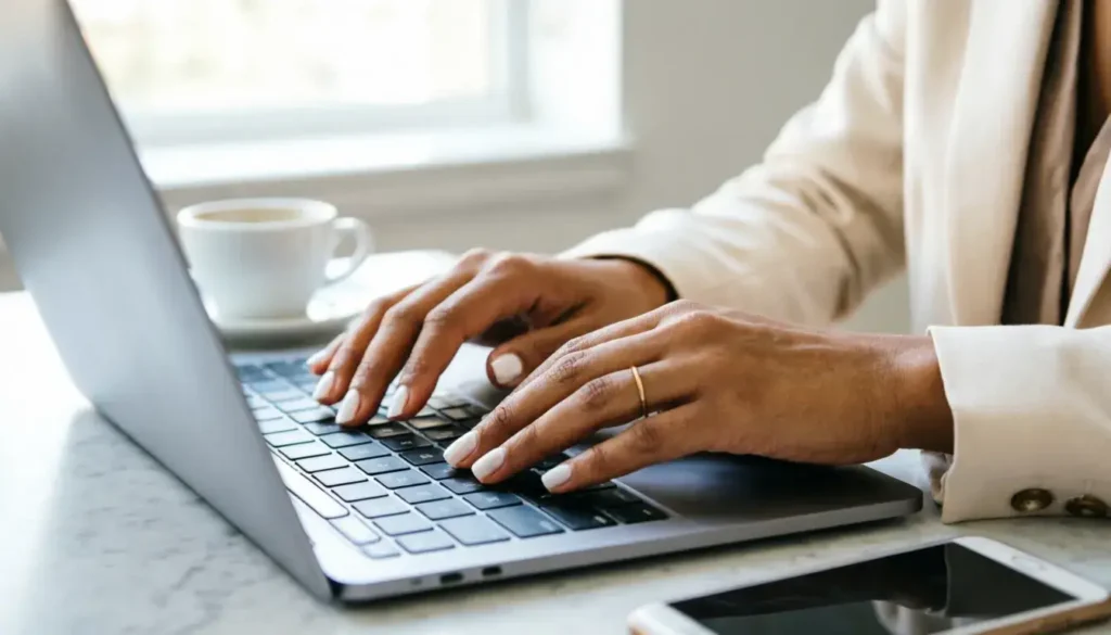 Professional woman wearing white nail polish in office setting showcasing elegant and workplace appropriate manicure