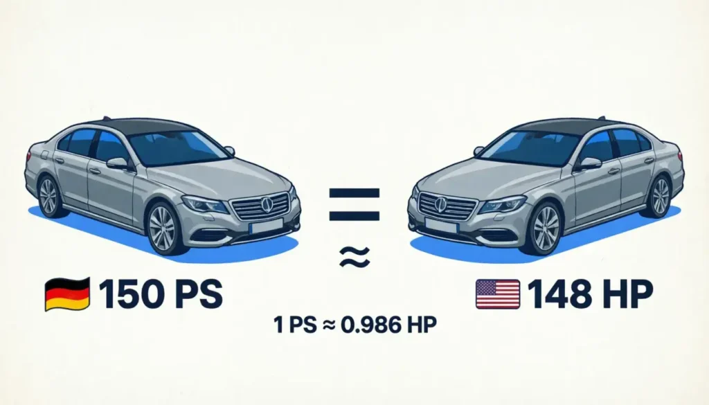 PS versus HP horsepower comparison showing Pferdestärke German car metric used by European auto manufacturers