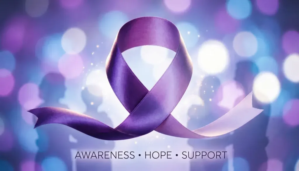 Purple ribbon with encouraging text representing hope for cancer and health awareness advocacy