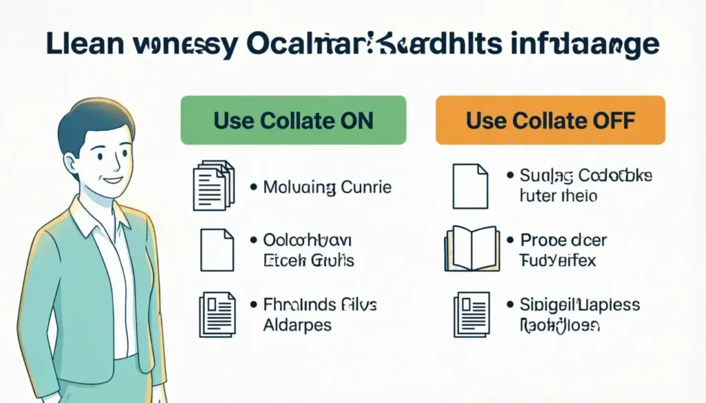 Quick reference guide showing when to use collate on or off for different printing scenarios