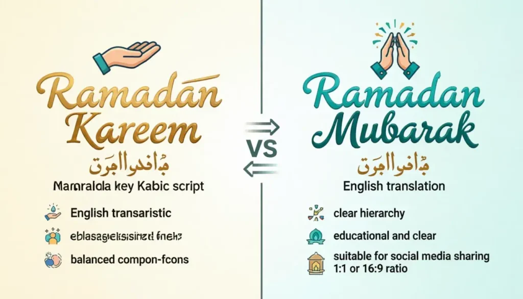 Ramadan Kareem vs Ramadan Mubarak comparison showing differences between generous and blessed greetings