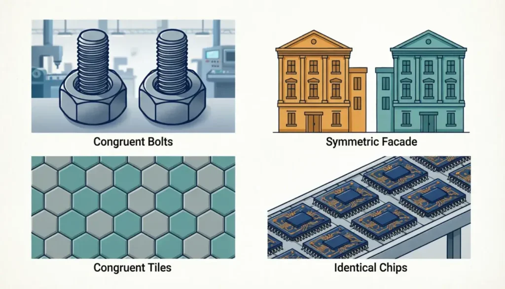 Real world examples of congruence in manufacturing architecture and design showing identical parts and symmetric buildings
