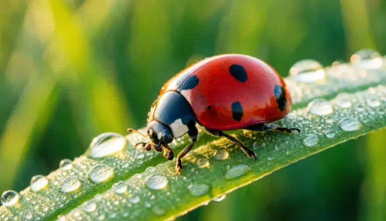 Red ladybug with black spots on green leaf symbolizing good luck and spiritual meaning