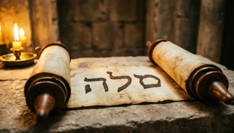 Selah meaning in the Bible — ancient Hebrew word written in scripture scroll with golden