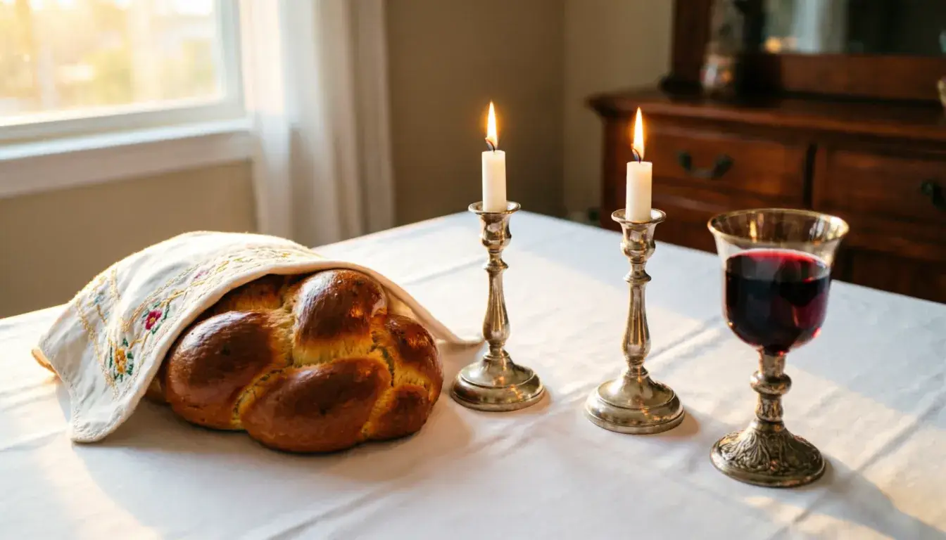 Shabbat Shalom greeting with lit candles and challah bread on Friday evening table