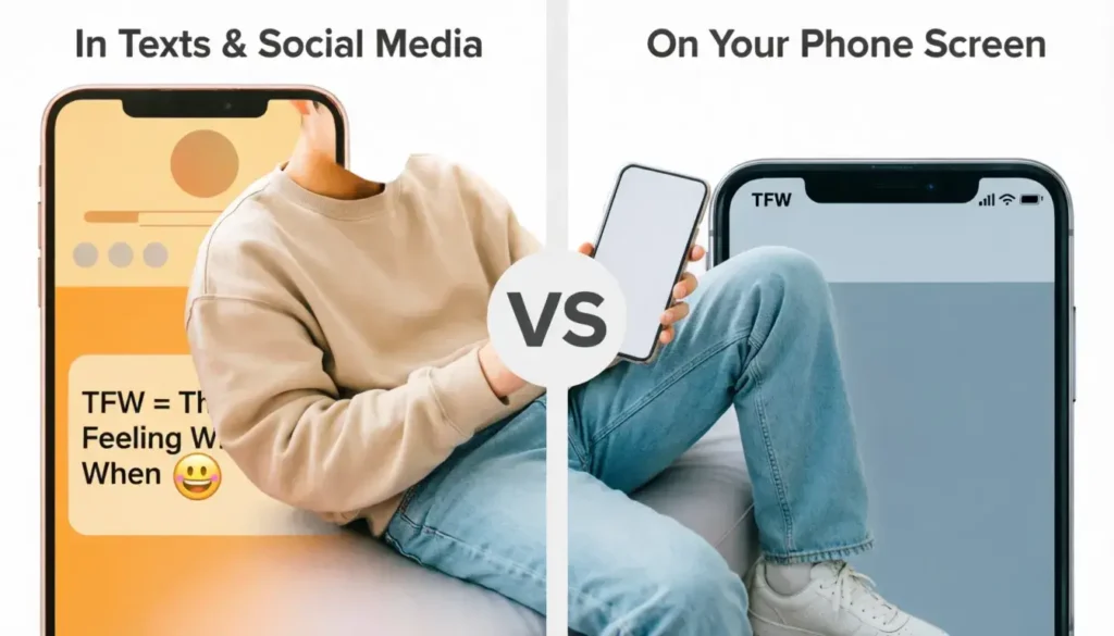 Side-by-side comparison of TFW meaning in texting versus TFW on a phone screen as TracFone Wireless