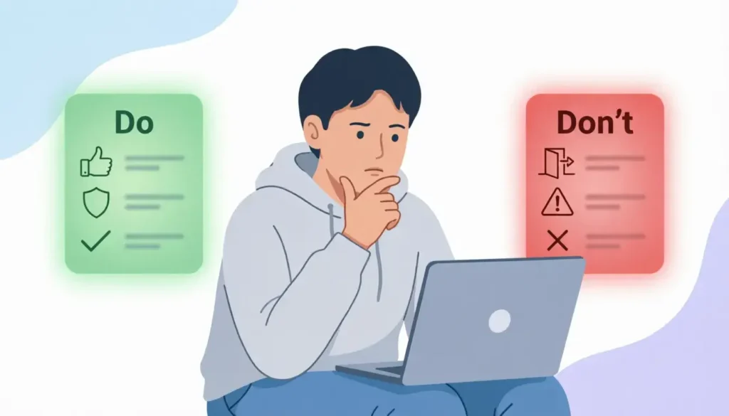 Simple checklist illustration showing what to do and avoid when you encounter an MDNI tag online