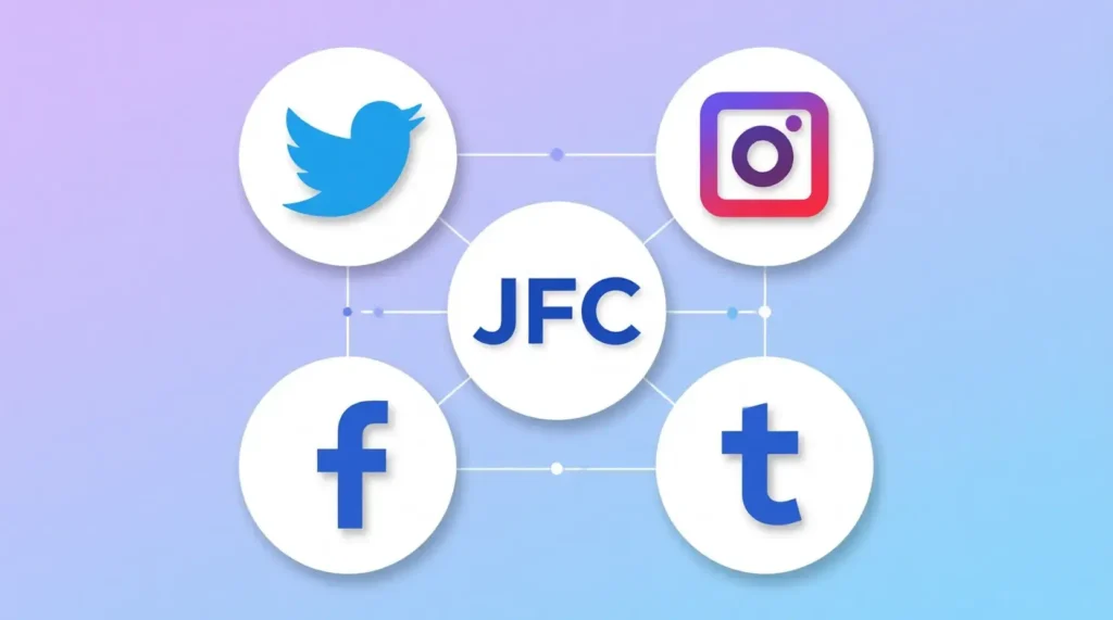 Social media platform icons Twitter Instagram Facebook Tumblr showing where JFC slang is commonly used